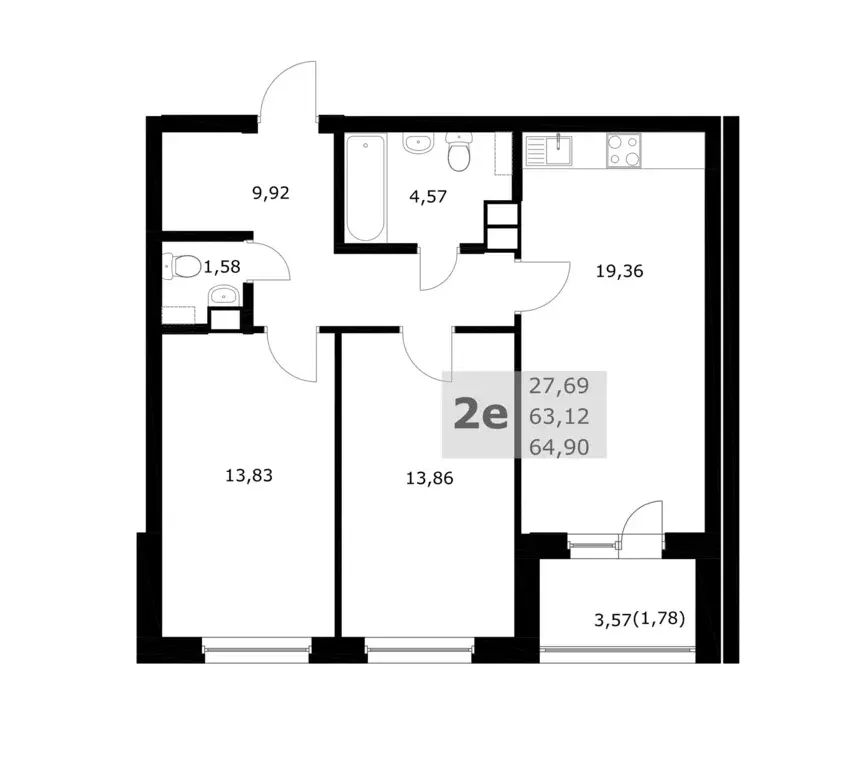 2-к квартира, 64.9 м - Фото 0