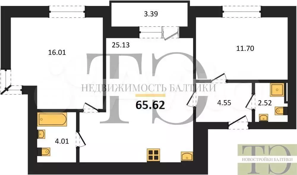 2-к. квартира, 65,6 м, 1/9 эт. - Фото 0