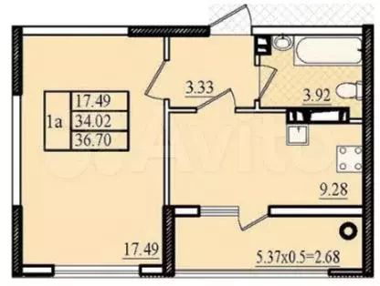 1-к. квартира, 36,7 м, 6/8 эт. - Фото 0
