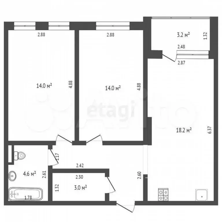 2-к. квартира, 60 м, 4/4 эт. - Фото 0