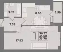 1-к. квартира, 35,1 м, 2/9 эт. - Фото 1