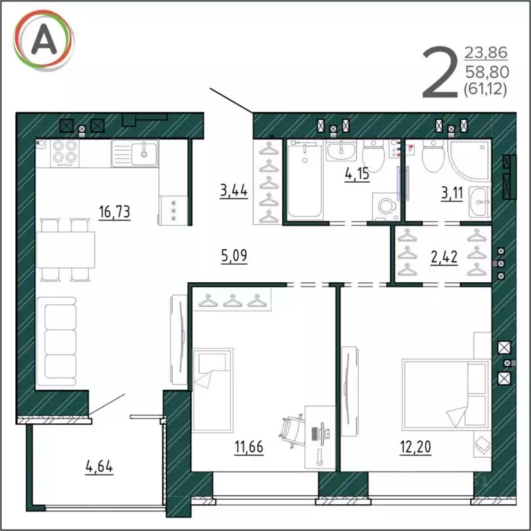 2-к кв. Брянская область, Брянск ул. Ульянова, 24 (61.12 м) - Фото 1