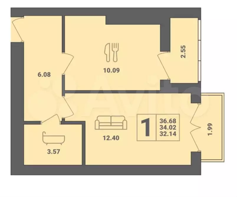 1-к. квартира, 39,7 м, 6/6 эт. - Фото 0