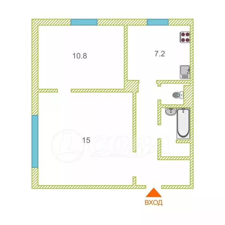 2-комнатная квартира: Тюмень, Минская улица, 104 (44.6 м) - Фото 1