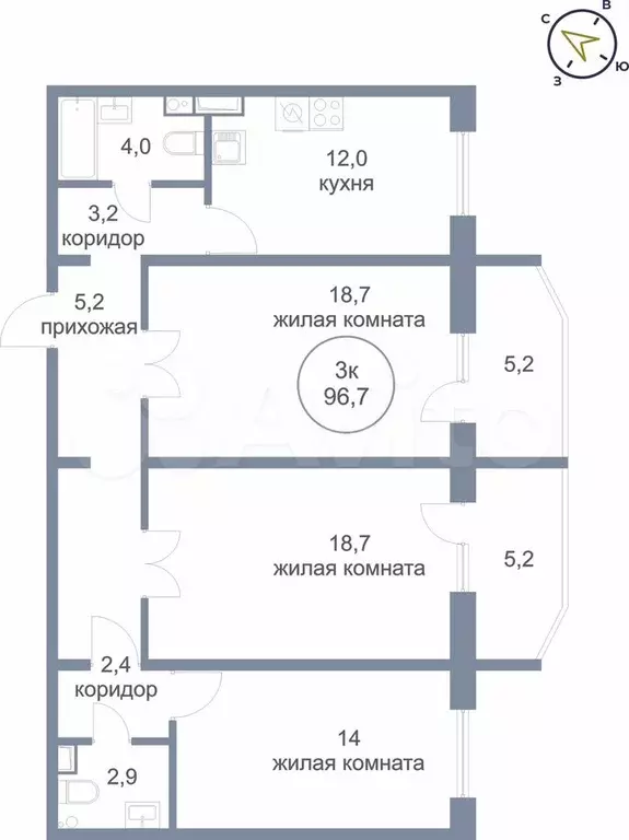 3-к. квартира, 96,7 м, 10/16 эт. - Фото 0