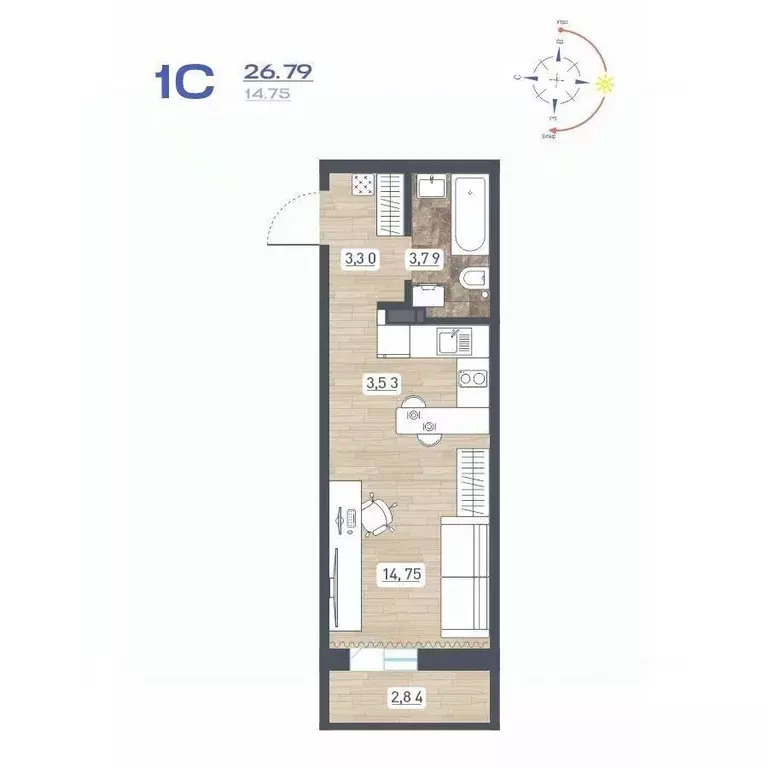 Студия Новосибирская область, Новосибирск ул. Забалуева, с10 (26.79 м) - Фото 2