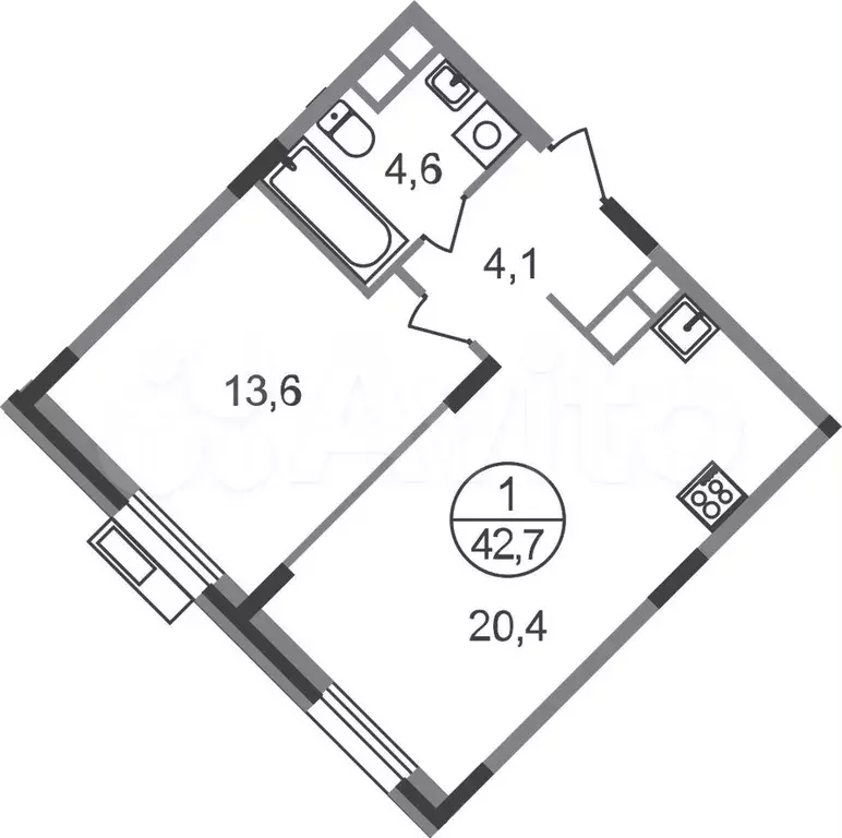 1-к. квартира, 42,7 м, 6/9 эт. - Фото 0