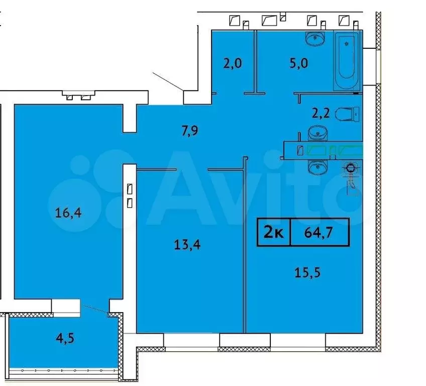 2-к. квартира, 64,7 м, 1/9 эт. - Фото 0