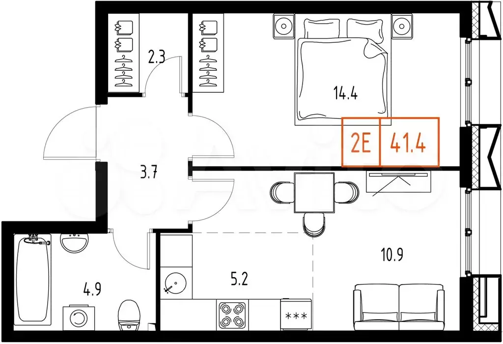 1-к. квартира, 41,4 м, 8/9 эт. - Фото 1