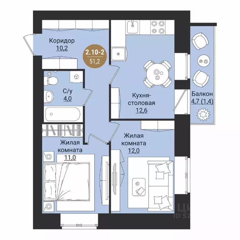 2-к кв. Вологодская область, Вологда Старое ш. (51.2 м) - Фото 1