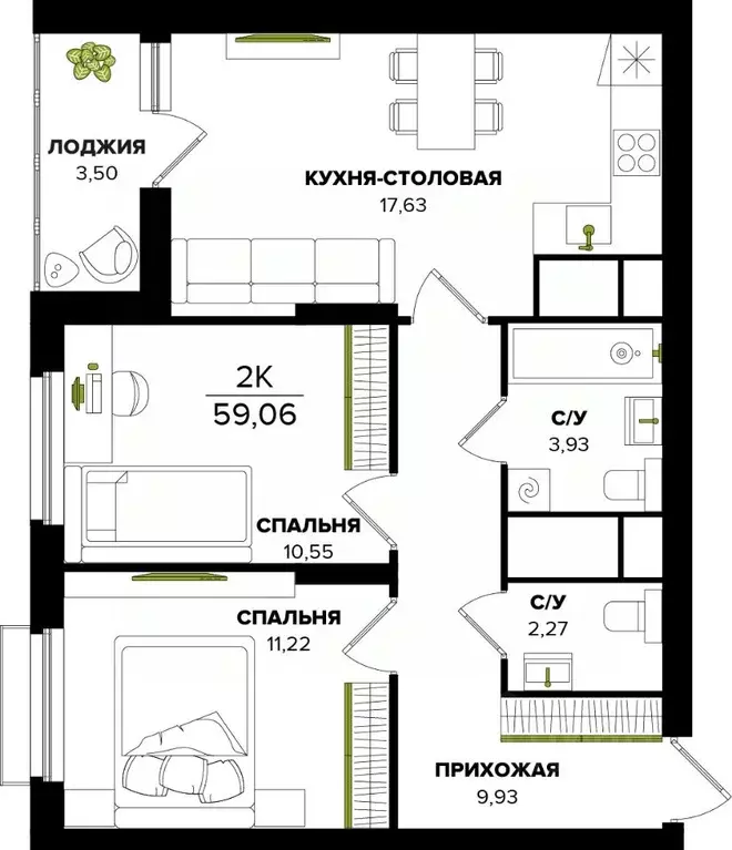 2-к кв. Тульская область, Тула  (59.06 м) - Фото 0