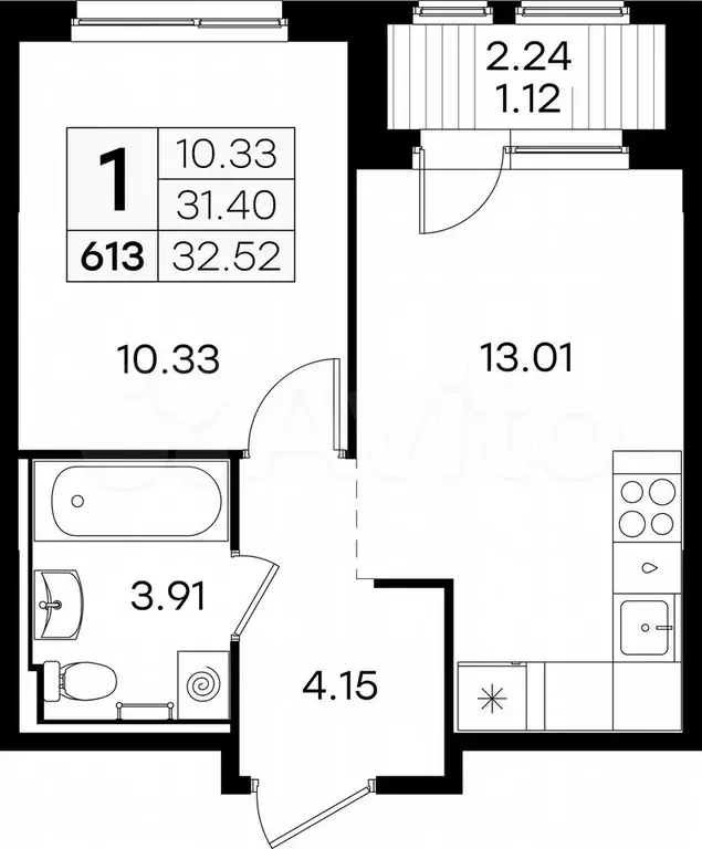 1-к. квартира, 32,5 м, 2/9 эт. - Фото 0
