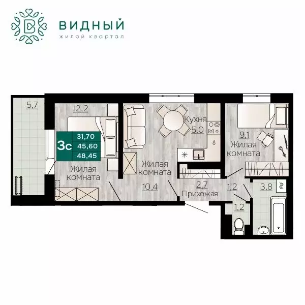3-комнатная квартира: Пермь, микрорайон КамГЭС (48.45 м) - Фото 0