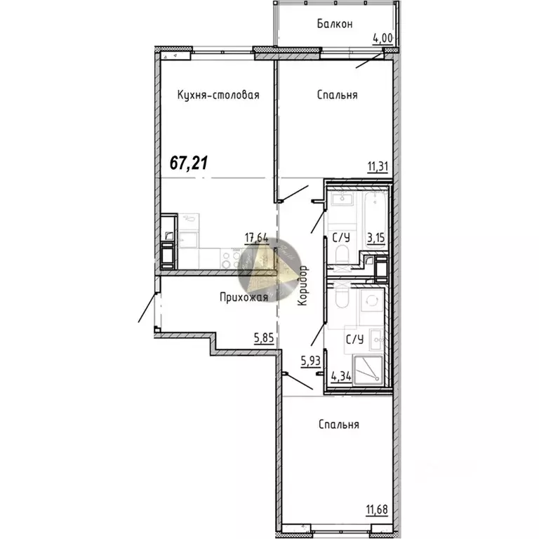 2-к кв. Санкт-Петербург наб. Реки Каменки, 3к3 (67.21 м) - Фото 2