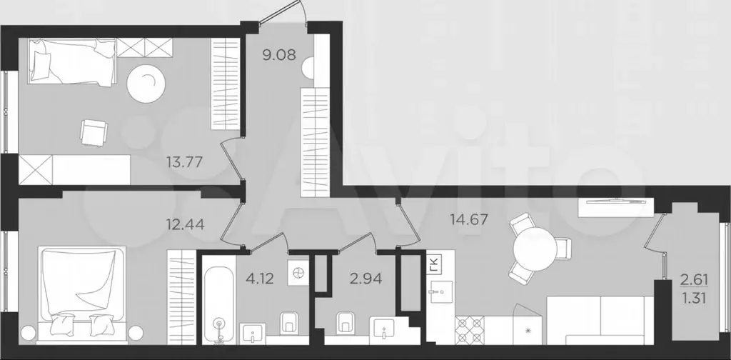 2-к. квартира, 58,3 м, 7/9 эт. - Фото 1