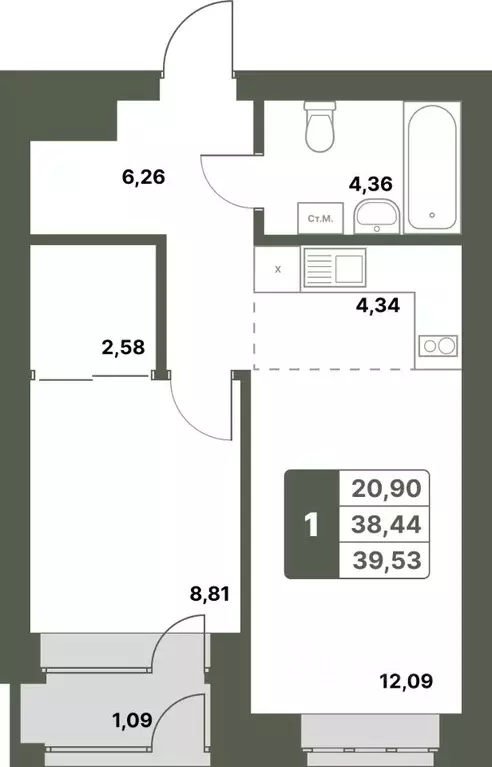 1-к кв. Башкортостан, Уфимский район, с. Миловка  (39.53 м) - Фото 1