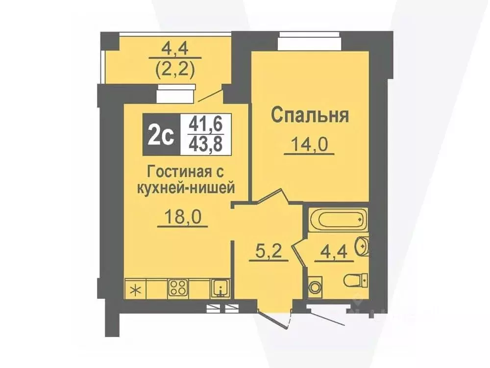 2-к кв. Новосибирская область, Кольцово рп ул. Благовещенская, 2 (43.7 ... - Фото 0