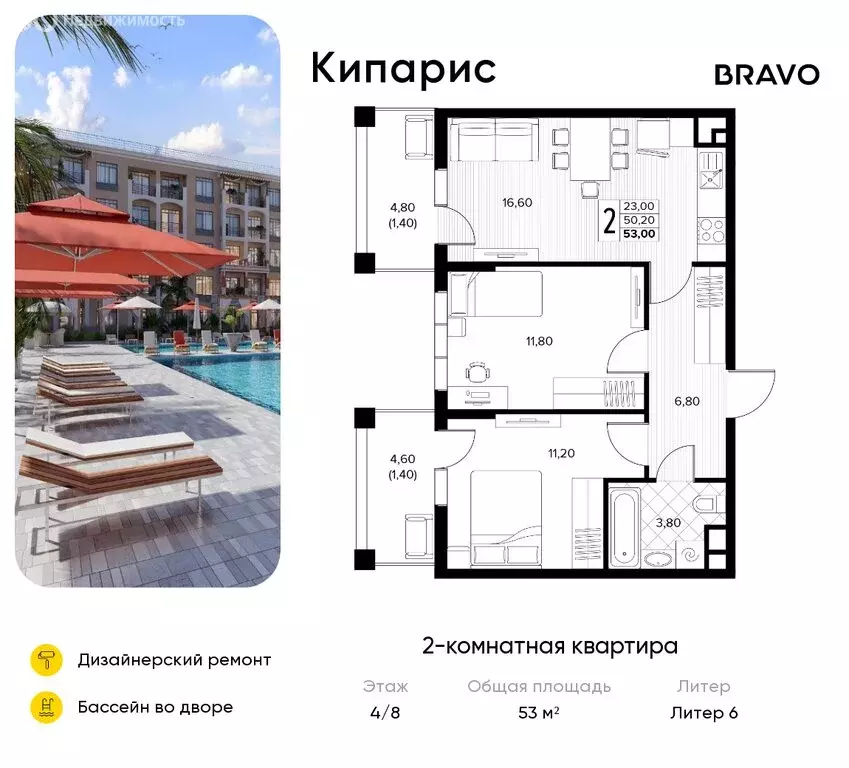 2-комнатная квартира: село Сукко, жилой комплекс Кипарис (53 м) - Фото 0