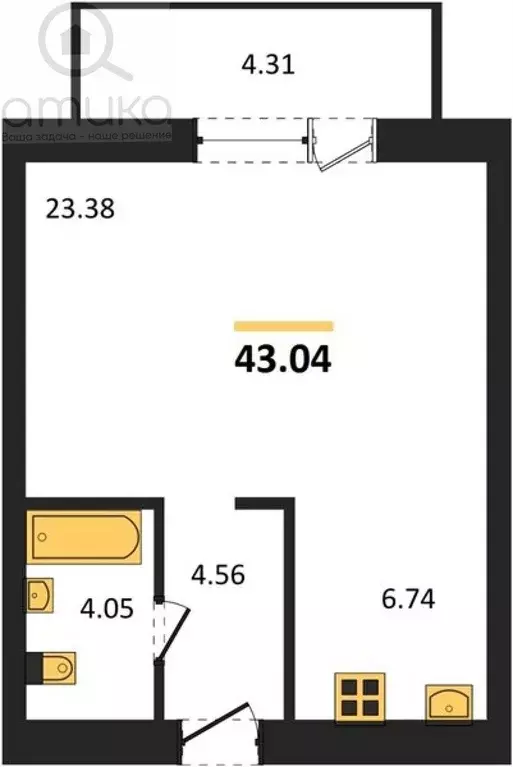 Квартира, 1 комната, 43.04 м - Фото 1
