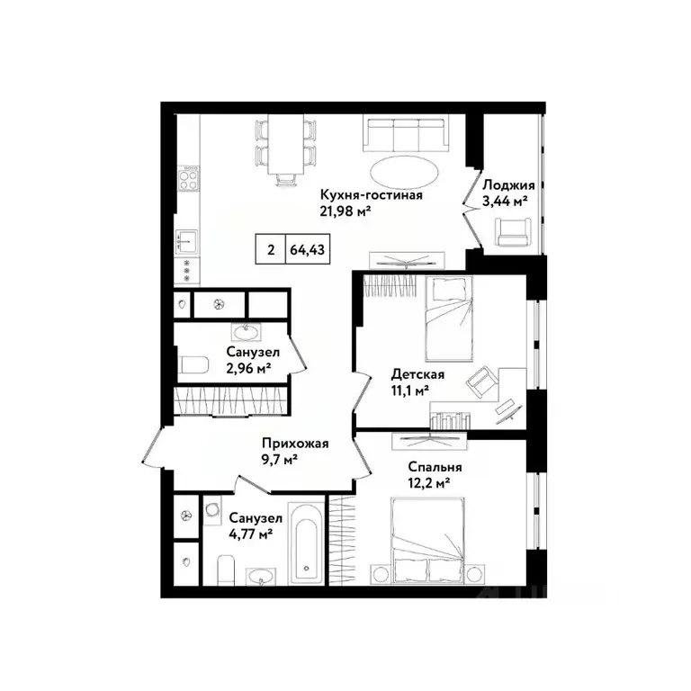 2-к кв. тульская область, тула ул. седова, 26к1 (67.9 м) - Фото 0