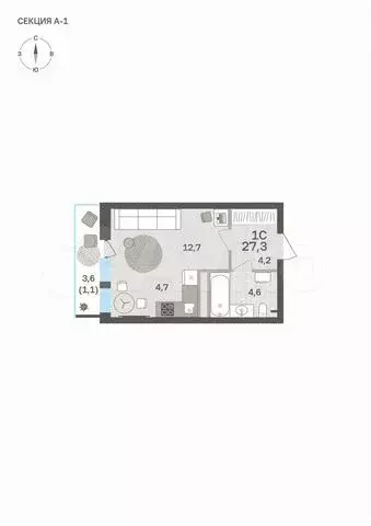 Квартира-студия, 27,3 м, 2/6 эт. - Фото 0