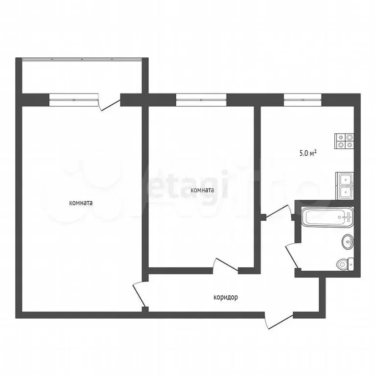 2-к. квартира, 42,6 м, 4/5 эт. - Фото 0