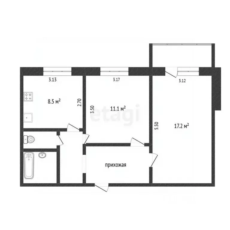 2-к кв. Белгородская область, Белгород ул. Буденного, 15 (50.4 м) - Фото 2