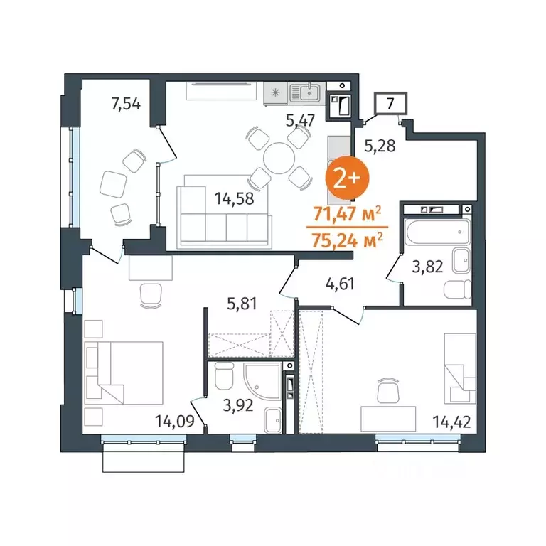 2-к кв. Тюменская область, Тюмень ул. Тимофея Кармацкого, 17 (71.47 м) - Фото 0