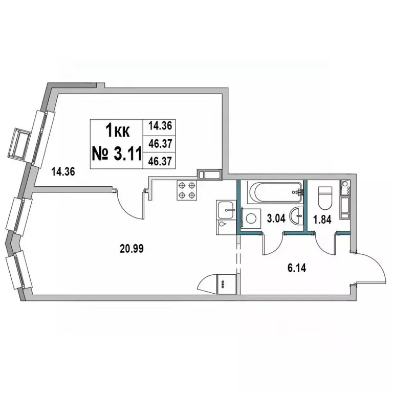 1-к кв. Ленинградская область, Выборг ул. 1-я Южная, 8 (46.37 м) - Фото 0