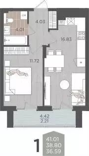 1-к. квартира, 38,8 м, 4/9 эт. - Фото 1
