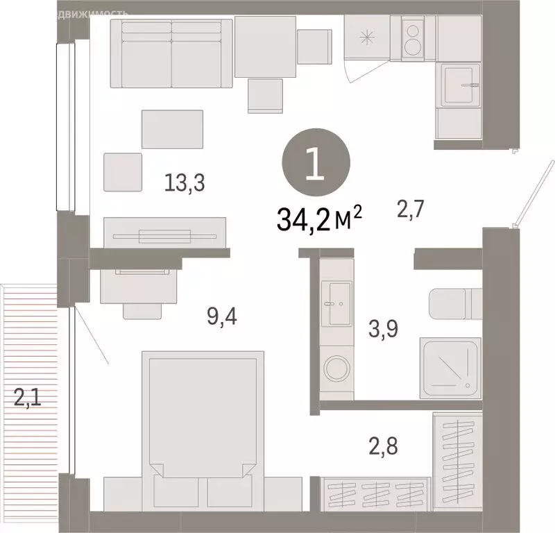 1-комнатная квартира: Новосибирск, квартал Лебедевский (34.2 м) - Фото 1