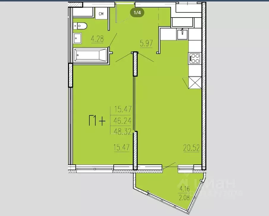 1-к кв. Пензенская область, Пенза ул. Студеный Кордон, 48 (48.32 м) - Фото 1