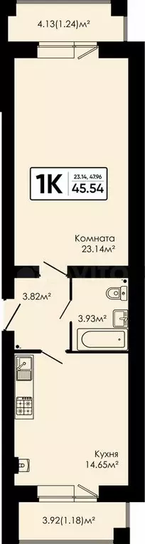 1-к. квартира, 45,5 м, 1/4 эт. - Фото 0
