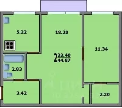 2-к кв. Москва Нагорная ул., 33К4 (45.1 м) - Фото 2