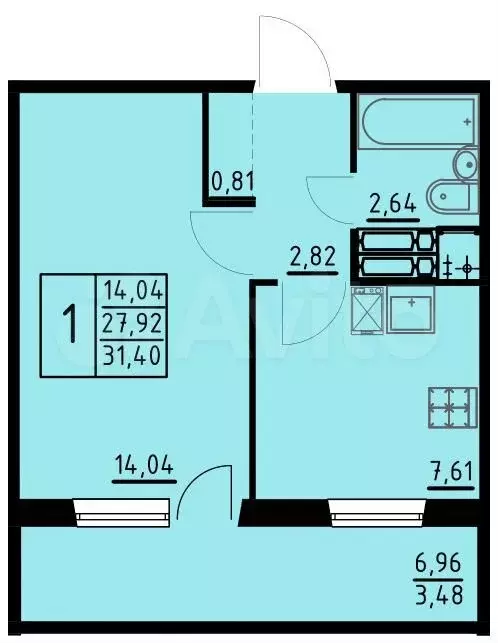 1-к. квартира, 31,4м, 2/10эт. - Фото 0