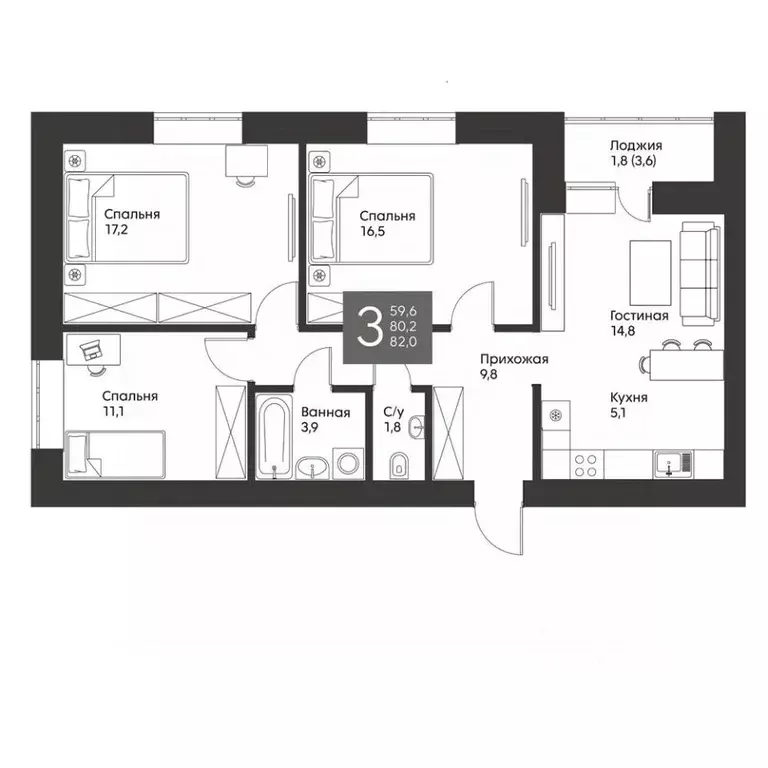 3-к кв. Татарстан, Альметьевск ул. Гафиатуллина, 62 (82.0 м) - Фото 0