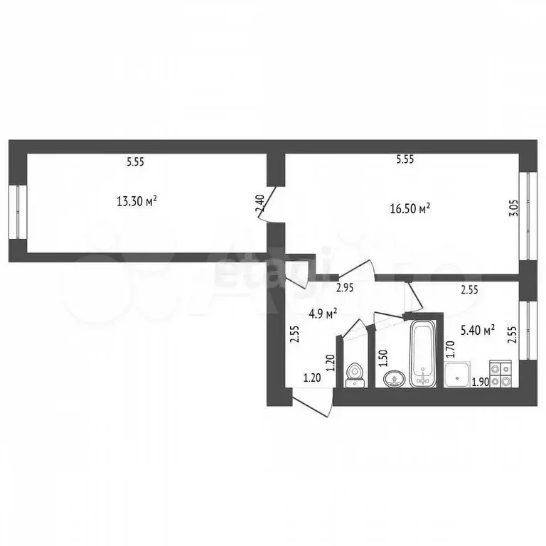 2-к. квартира, 43,7 м, 1/5 эт. - Фото 0