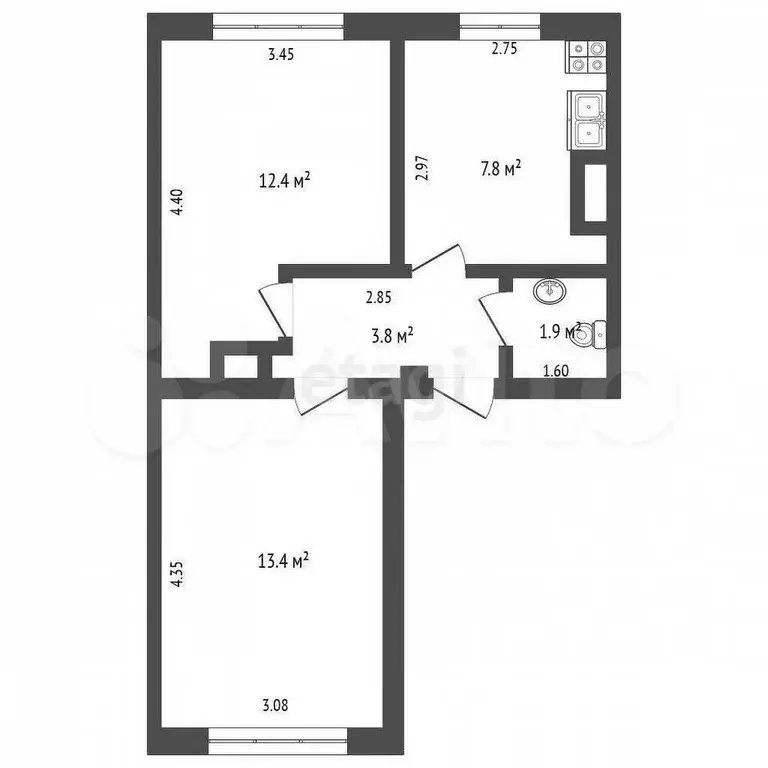 2-к. квартира, 40 м, 1/2 эт. - Фото 1