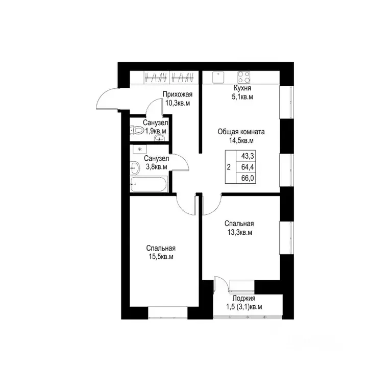 2-к кв. Татарстан, Альметьевск  (66.0 м) - Фото 1