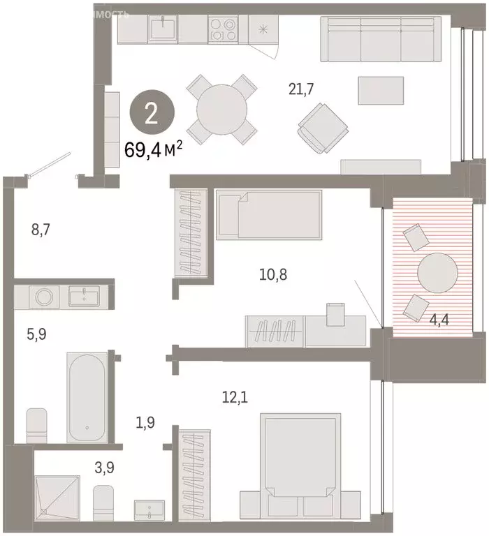 3-комнатная квартира: Тюмень, улица Муравленко, 9к1 (69.37 м) - Фото 2