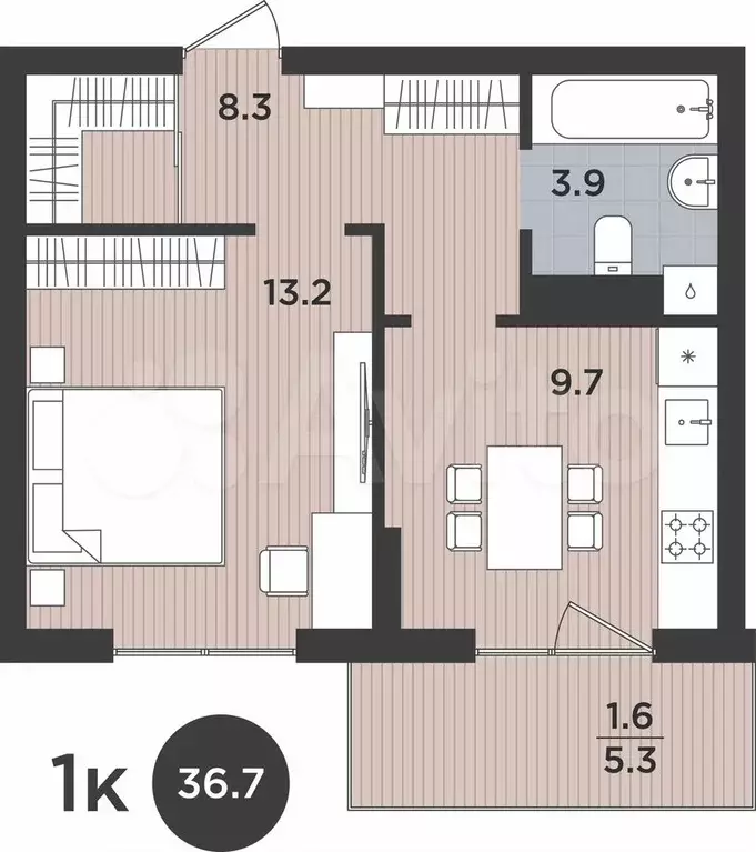 1-к. квартира, 36,7 м, 9/9 эт. - Фото 1