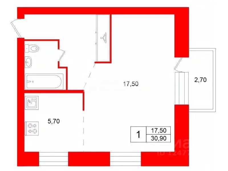 1-к кв. Санкт-Петербург ул. Хлопина, 9К3 (30.9 м) - Фото 1