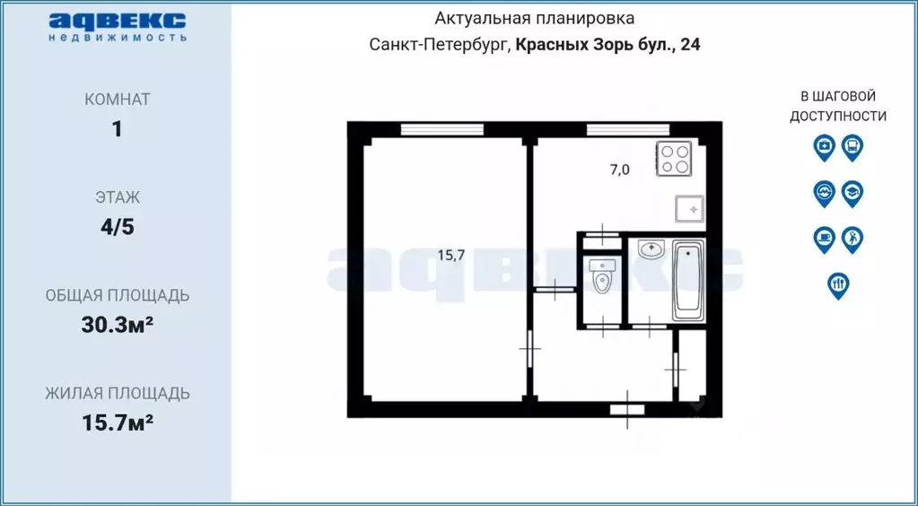 1-к кв. Санкт-Петербург бул. Красных Зорь, 24 (30.3 м) - Фото 2