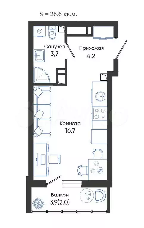 Квартира-студия, 26,6 м, 8/24 эт. - Фото 1