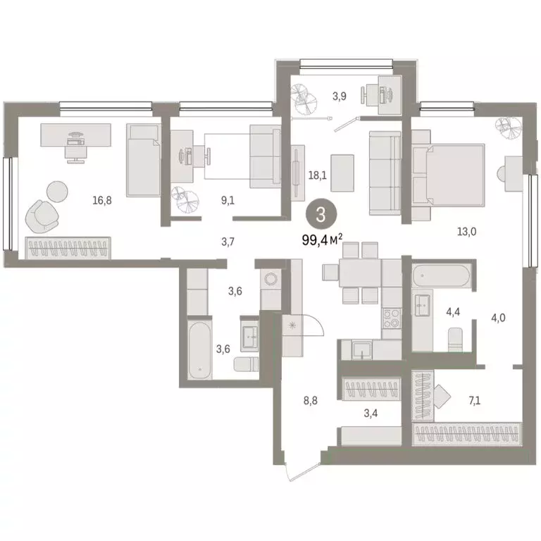 3-комнатная квартира: Тюмень, Мысовская улица, 26к1 (99.44 м) - Фото 1