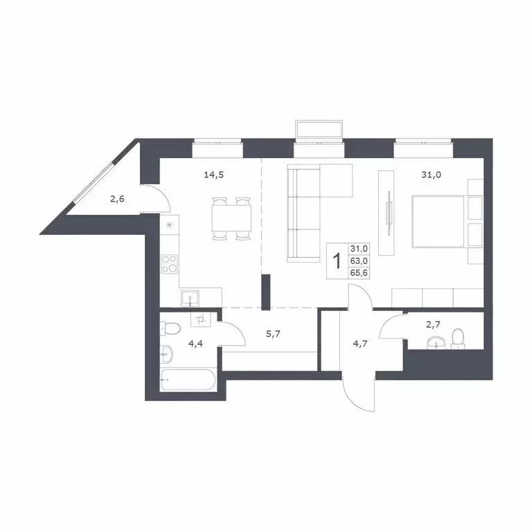 Квартира-студия: Новосибирск, улица имени генерал-майора А.Н. Рожкина, ... - Фото 1