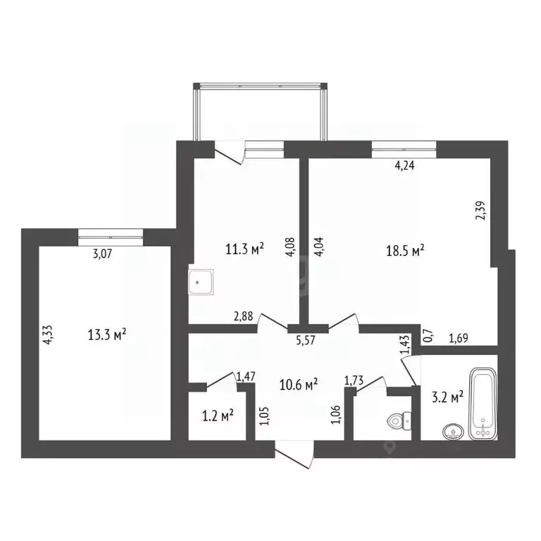 2-к кв. Амурская область, Благовещенск Амурская ул., 208 (59.6 м) - Фото 2