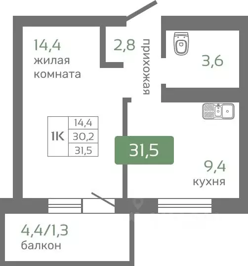 1-к кв. Красноярский край, Красноярск Норильская ул., с2 (31.5 м) - Фото 1