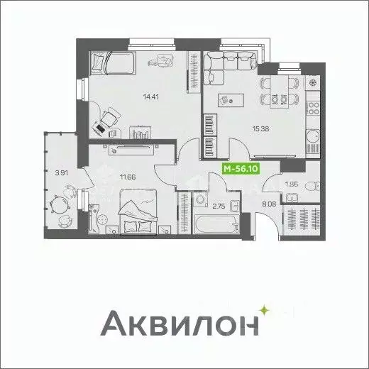 2-к кв. Архангельская область, Архангельск ул. Валявкина, 26 (56.1 м) - Фото 1