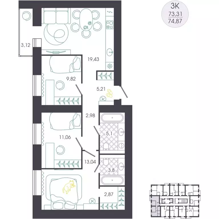 3-к кв. Пензенская область, Пенза Колышлейская ул., 7 (77.41 м) - Фото 2